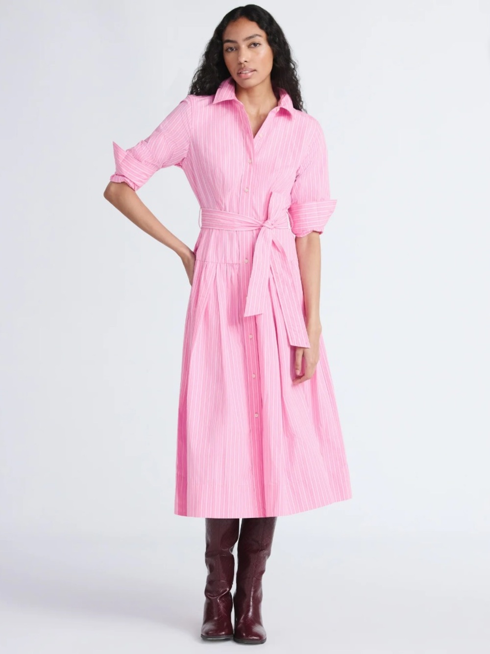 Pink White Striped Shirt Midi Dress with Tie Waist XS 0 2 Long Sleeve Crew Prep